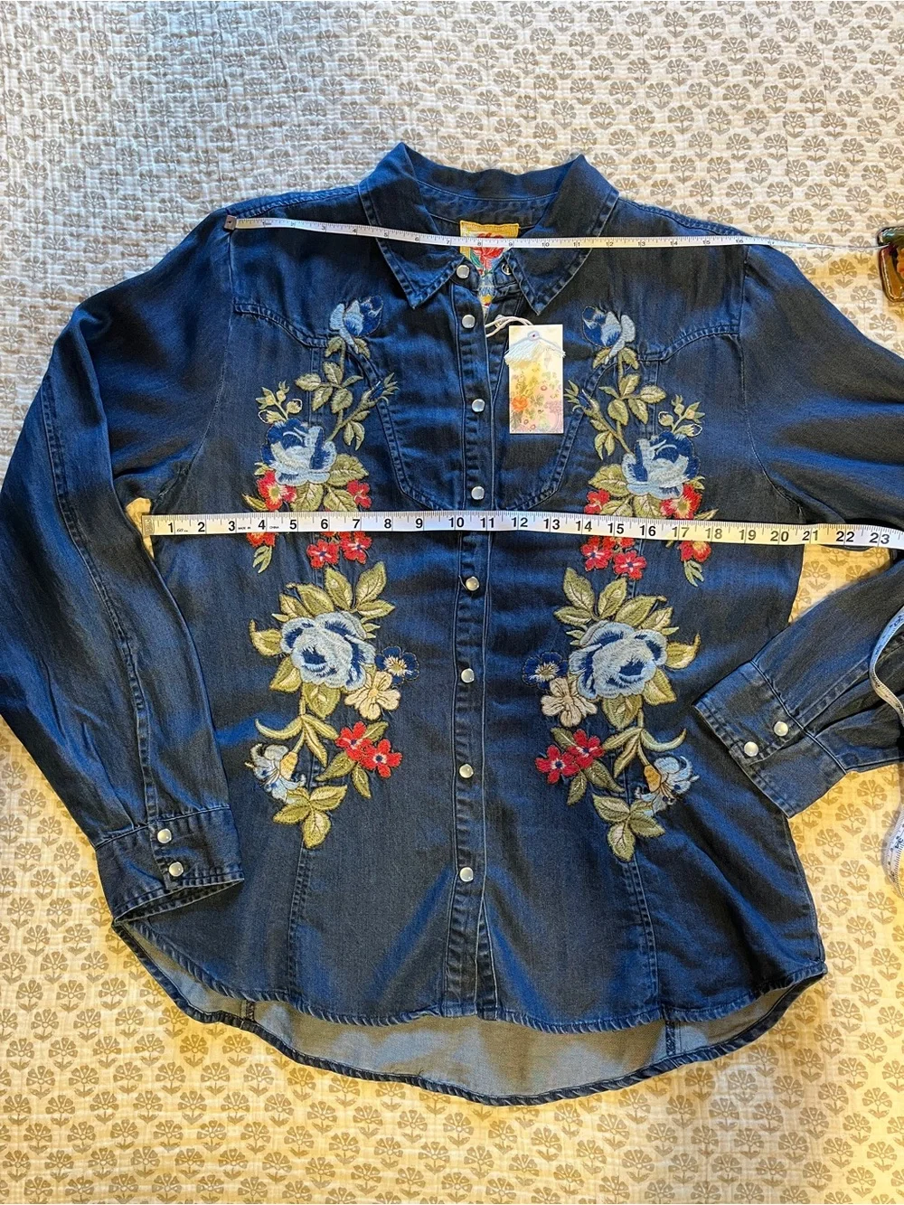 Johnny Was Hannah Denim Shirt with Multicolor Floral Embroidery - Blue - Picture 8 of 12